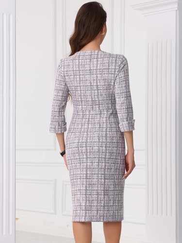 Image of Allegra K Tweed Dress for Women's Boat Neck 3 /4 Sleeve Elegant Work Pencil Sheath Dress