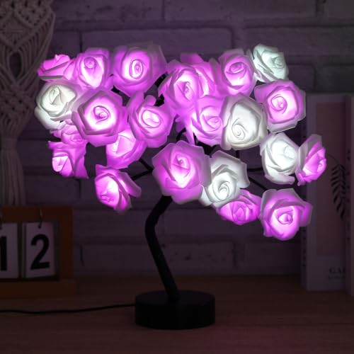Drawelry Rose Flower Tree Lamp - LED Rose Tree Table Lamp USB/Battery Powered Artificial Bonsai Flower Night Light for Bedroom Living Room Party Wedding Valentines Mothers Day Decor (White)