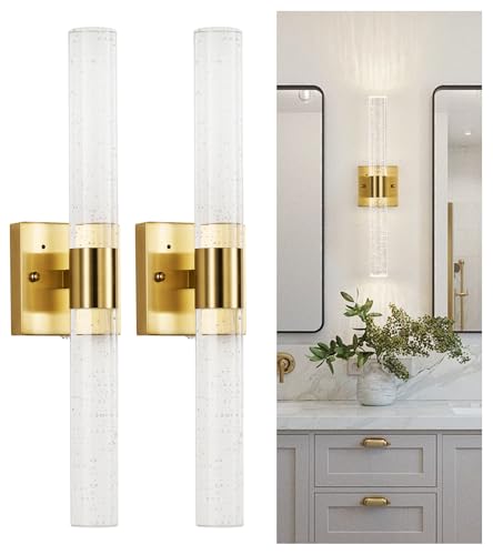 Image of Modern Crystal Wall Sconce Set of 2, Dimmable LED Bathroom Vanity Light ing Fixtures, with Remote Control, Bubble Cylindrical Wall Lights for Bathroom Bedroom Living Room Hallway,Brass