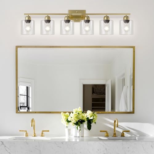 Image of Modern Brushed Gold 6 Light Bathroom Light Fixtures,38 inch Vanity Lights for Bathroom with Clear Glass, Vanity Light for Mirror Kitchen Living Room Hallway Cabinet Porch