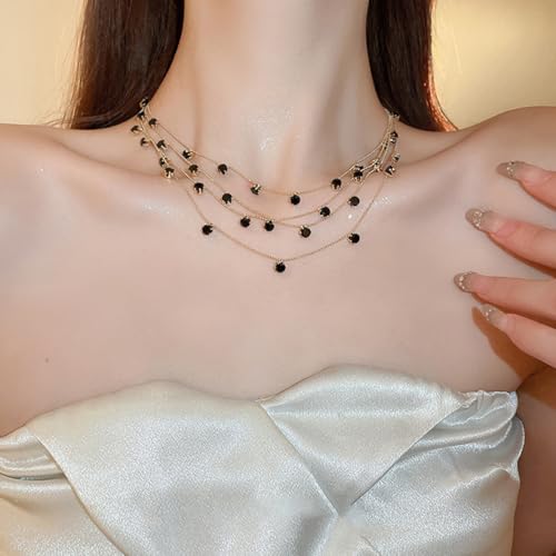 Fashionable multi-layer gold chain black gemstone necklace3