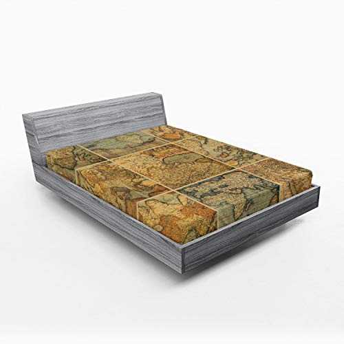 Lunarable World Map Fitted Sheet, Collage of Antique Old Atlas Scenes Vintage Group of The Civilization Concept Art, Soft Decorative Fabric Bedding All-Round Elastic Pocket, Queen Size, Pastel Beige