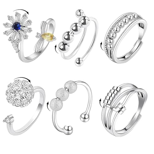 CJAPGJW Anxiety Ring, 6 Stück Verstellbare Anti Stress Ringe für Damen, Drehbare Fidget Spinner Ringes, Silberne Ringe zur Stressbewältigung, Antistress Ring Ideal für Arbeit und Studium