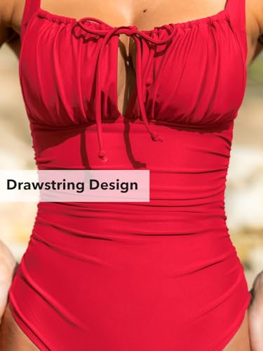 Image of CUPSHE Women's One Piece Swimsuit Ruch Drawstring Square Neck Bathing Suit | Self Tie,Soft Removable Cups,Adjustable Wide Straps,Cutout,Bach Hook,Chic,Fashion,Comfort,Swimwear for Vacation,Beach,Pool