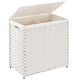 YOUDENOVA Wäschekorb 2 Fächer mit Deckel 114L, Wäschesammler Geflochten mit Rattan(Poly), Wäschesortierer Faltbare mit Wäschesack für Badezimmer und Waschküche Weiß