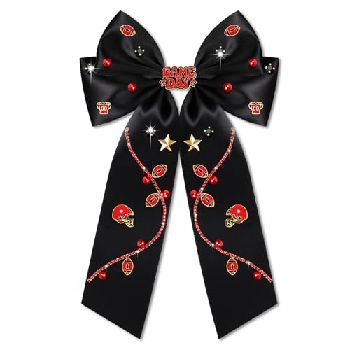 Game Day Hair Bows for Women Football Clips Jeweled Large Silky Satin Ribbons Cheer Bows Red Blue Spirit Accessories Football Mom Outfits (Pattern H1)