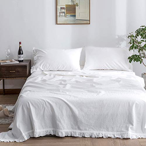 Simple&Opulence Belgian Linen Sheet Set with Ruffles - 4 Pieces (1 Flat Sheet & 1 Fitted Sheet & 2 Pillowcases) Natural Flax Cotton Blend Soft Bedding Breathable Farmhouse - White, Queen Size