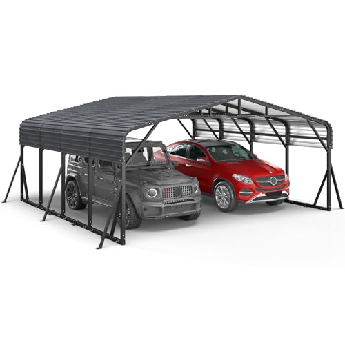 Image of Jocoevol 20x20FT Heavy Duty Metal Carport, Outdoor Car Garage with Support Rods & Windproof Ground Anchors, All-Season Versatile Canopy Tent for 2 Car, Boats, Truck