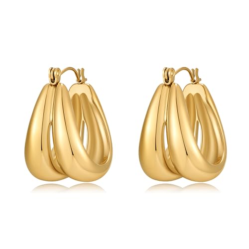 Gold Hoop Earrings for Women 18K Gold Plated Stainless Steel Trendy Teardrop Earrings Hypoallergenic Pull Through Hoops Elegant Gift Jewelry