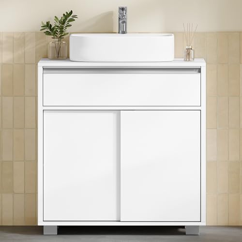HEXCELEN Mueble Bajo Lavabo, Mueble Baño con 1 Cajones y Armario de Baño con Puertas Correderas, Cajones y Estante Ajustable, con Patas Elevadas, 30 x 60 x 63 cm, Blanco