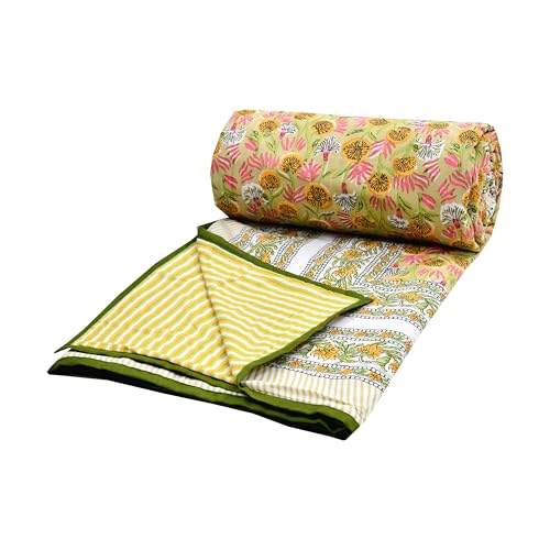 Image of BLOCKS OF INDIA Hand Block Printed Cotton Single Size Reversible Malmal Dohar for Summer (Green GAD BUTI)