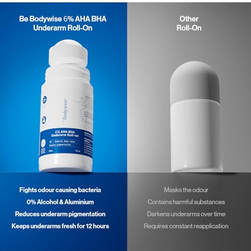 Image of Be Bodywise 6% AHA BHA Underarm Roll-on Deodorant, Flora Fragrance,1% Mandelic,4% Lactic,1% Salicylic & Kojic Acid, Reduces Body Odor & Pigmentation for Even tone Skin, Alcohol & Aluminum Free, 100ml