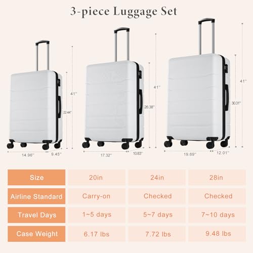 Image of Sweetcrispy 3 Piece Luggage Set, Hard Shell ABS Travel Suitcase with Silent Spinner Wheels, TSA Combination Lock, Lightweight Rolling Suitcases for Business Trip Vacation, White, 20 /24 /28 Inch