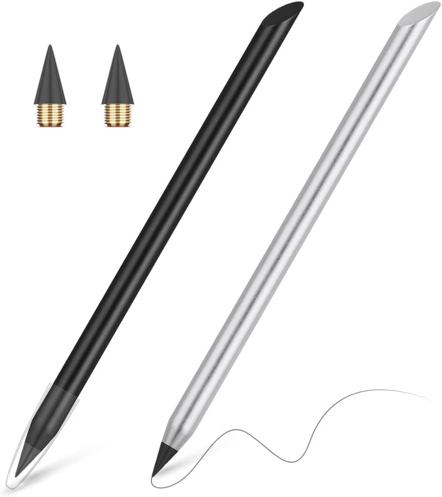Metal Inkless Pencil, Infinity Pencil, Reusable Everlasting Pencil, Replaceable Nib Pencil, with 2 Replaceable Nib for Writing Drawing Students Home Office School Supplies (2PCS)