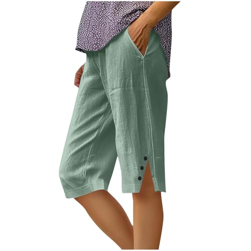 Capri Pants for Women Knee Length Cotton Linen Capris Straight Leg Pants Soft Bermuda Shorts with Pockets