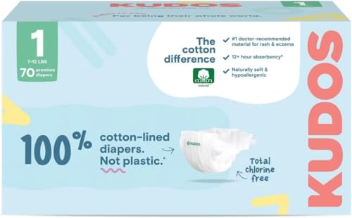 Image of Kudos Chlorine Free Premium Diapers, 100% Cotton-Lined - Ultra Soft, Size 1-70 Count