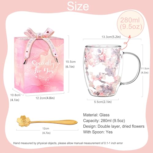 Arefen Gifts for Women Dried Flowers Double Wall Glass Coffee Mugs Cute Glass Tea Cups with Handles Christmas Birthday Gifts for Best Friend Teacher Mum Gift New Home Gift Ideas Autumn Mug Home Decor