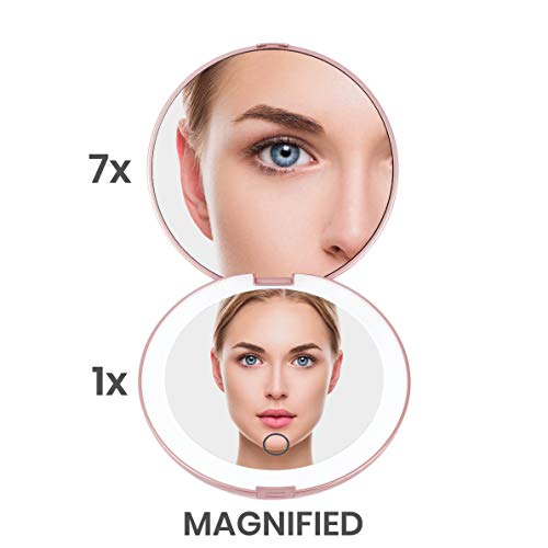 Luna London Compact 2.0 Travel Mirror In Rose Gold | Travel Makeup Mirror With Light | Led Lighted Vanity Mirror With 3 Light Modes | 7X Magnification Folding Portable & Rechargeable | Espejo #TOP1