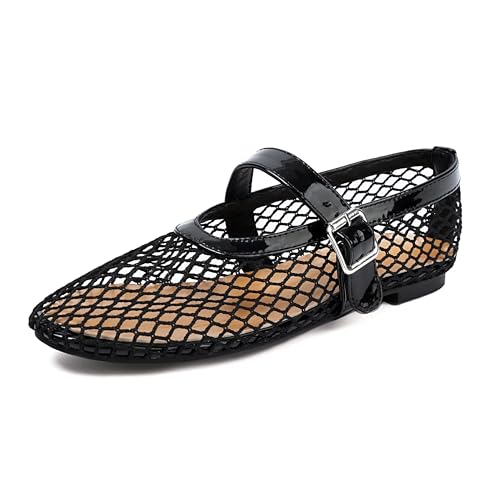 Women's Mesh Ballet Flats Mary Jane Ballerina Buckle Ankle Strap Round Toe Comfy Casual Office Shoes Closed Toe Dress Pumps