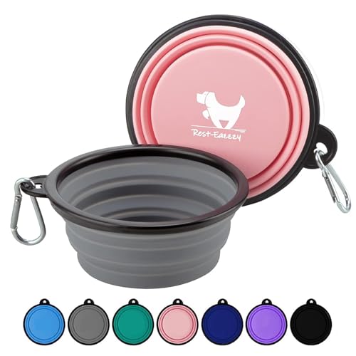 Image of Collapsible Dog Bowls for Travel, 2-Pack Dog Portable Water Bowl for Dogs Cats Pet Foldable Feeding Watering Dish for Traveling Camping with Carabiners, BPA Free (Grey&Pink, Large)