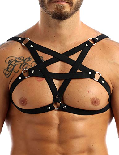 ACSUSS Mens Elastic Body Chest Harness Belt Adjustable Shoulder Strap with Metal O-Ring Clubwear TypeA Black OneSize