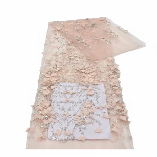 Tissu en dentelle fleur de prunier 3D avec broderie stéréo et perles luxe de 5 Yards