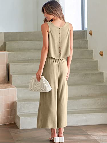 Image of ANRABESS Women's Summer 2 Piece Outfits Sleeveless Tank Crop Button Back Top Cropped Wide Leg Pants Set Pockets
