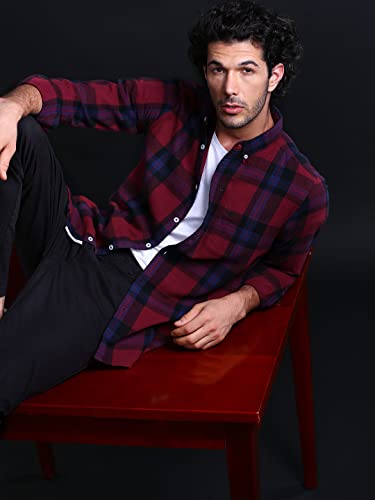 Image of THE BEAR HOUSE Men's Cotton Slim Flannel Button-Down Casual Shirt |Maroon |L |TBH-UBER-MR-L |
