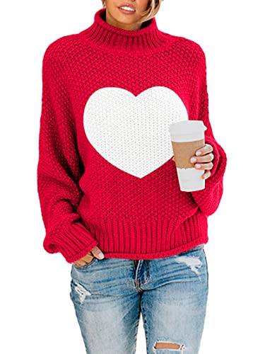 Saodimallsu Womens Heart Sweater Oversized Turtleneck Sweaters Batwing Long Sleeve Pullover Loose Chunky Knit Tops