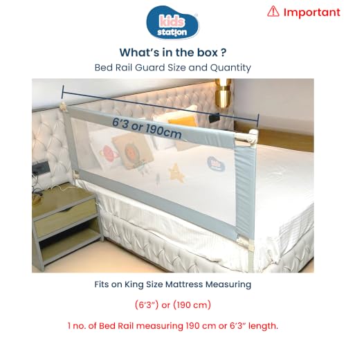 Image of Kids Station 1 Side with Pocket Bed Rail Guard (6.3ft x 2.6ft / 190x80cm), Bed Railing for Baby Safety, Kids Toddler Bed Protector Side Walls, Adjustable Height, Portable & Foldable (Grey)