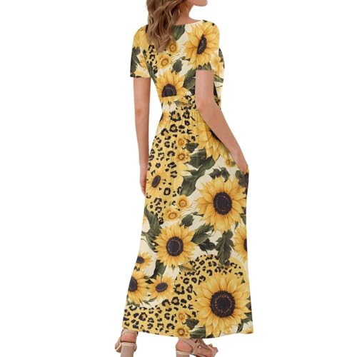Image of Women's Fall Summer Short Sleeve Ankle Length V-Neck Party Dress with Pockets Size S-3XL