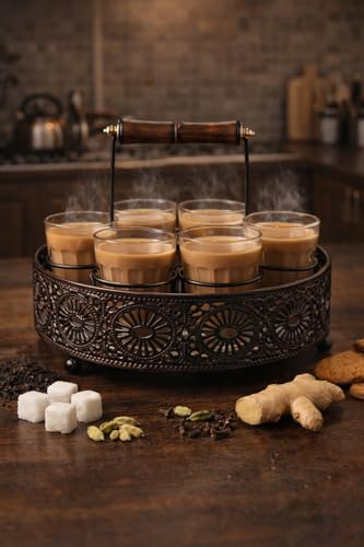 Image of Cutting Chai Glass Set of 6 - Traditional Indian Tea Glasses with Heavy Brown Metal Holder Stand | Tapri Style Chai Cups for Home, Kitchen, Cafe, Restaurant, Dhaba, Office & Tea Stall Use