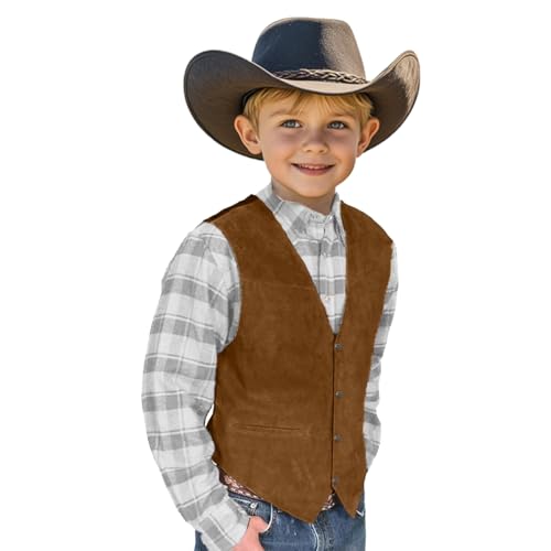 Retro Boys Vest Suede Leather V-Neck Cowboy Style Casual Waistcoat with Pockets