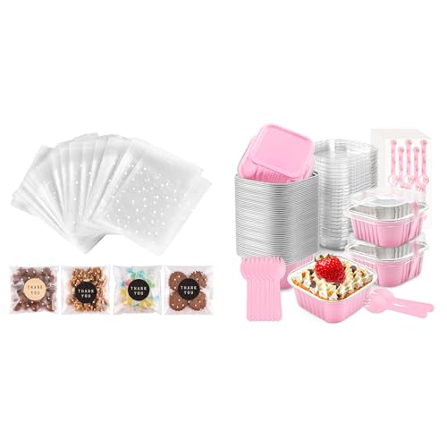 Bundle of 100PACK Self Sealing Cellophane Bags and 50 Pcs Mini Cake Pans with Lids for Giving Candy with Stickers