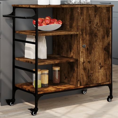 Kaloriko Carro de cocina de roble ahumado con material de madera y marco de acero, 87,5 x 38,5 x 84,5 cm, con 4 ruedas y toallero, flexible, enrollable y ahorra espacio, para cocina, comedor, salón