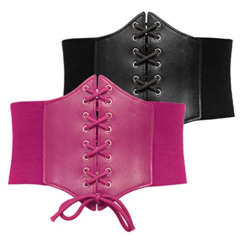 GRACE KARIN Women’s Elastic Costume Waist Belt Lace-up Tied Waspie Corset Belts for Women Halloween(2XL, Black + Hot Pink)