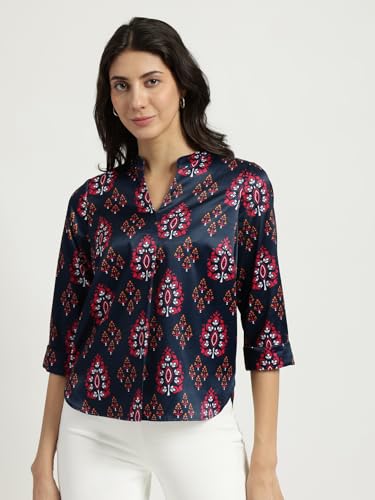 Image of FableStreet Women Shirt Work & Casual | Relaxed Fit Mandarin V-Neck Three-Quarter Sleeves Solid Pattern | Breathable Woven Fabric for Office & Everyday Wear