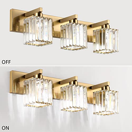 Image of Aipsun Bathroom Vanity Light Fixtures Crystal Vanity Lighting Fixtures Brass 3 Light Bathroom Lighting (Exclude Bulb)