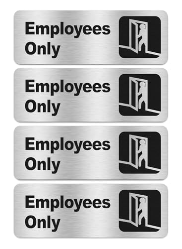 Faittoo Employees Only Sign, (4 Pack) 9 X 3 Inches Informative Rust Free Brushed Aluminum Sign with Symbols, Fade Resistant, Use for Door of Office/Business, Easy to Install