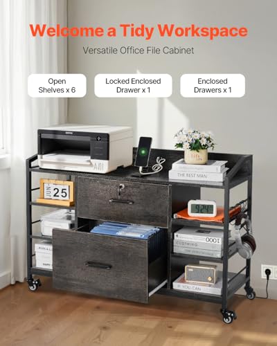Image of VEVOR 2 Drawers Metal File Cabinet, Lateral Filing Cabinet with Lock and 6 Open Shelves, Wooden Wide Filing Storage Cabinets with Power Strip for Letter, A4, Legal Size File, Easy Assembly, Gray
