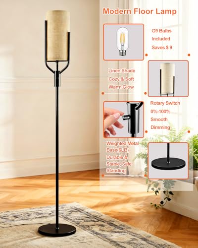 Image of 64.6IN Gold Floor Lamp - Dimmable LED Floor Lamp with Linen Shade, 3000K Soft Warm White | Bulbs Included | Modern Tall Lamp for Living Room, Bedroom, Wedding & Party