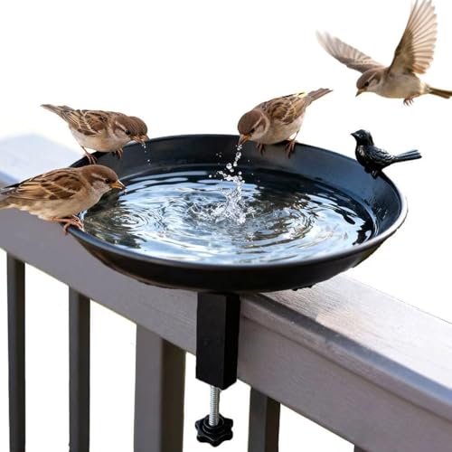 SilverChry Bebedero para Pájaros Colgante para Barandilla de Balcón, Comedero para Pájaros, Hierro Fundido Negro, Clips Metálicos Ajustables, para Jardines, Terrazas y Patios