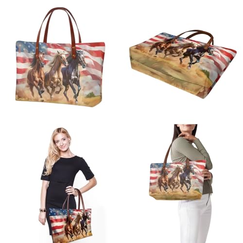 Image of American Flag Horse Purses for Women Tote Purse and Handbag Top Handle Satchel Bags with PU Zipper Make Up Bag Purse, Large Purse and Wallet Set for Women for Working Travel Shopping