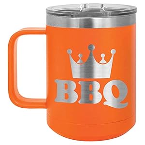 BBQ King ORANGE 15 oz Coffee Cup w/Slide Top Lid | Insulated Travel Coffee Mug | BBQ & Grilling Gift Idea For Men Who…