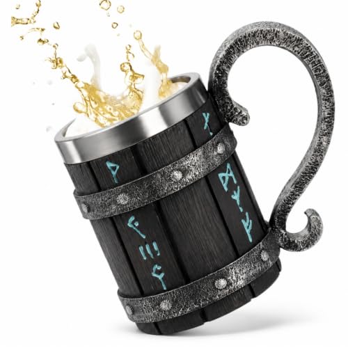 Dicunoy Nordic Viking Mug 17 OZ Stainless Steel Viking Drinking Tankard Beer Cups with Handle Metal Norse Mythology Beer Mug Gifts for Men Fathers Day Him Husband Viking Enthusiasts