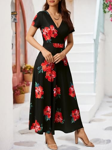 Image of HUHOT Women's Short Sleeve Wrap V Neck Dresses for Wedding Guest Summer Floral Maxi Sundresses with Pockets Boho Dress