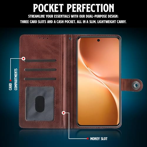 Image of WOW IMAGINE Shock Proof Flip Cover Back Case for Vivo V60 5G | V60e 5G | Vivo T4 Pro 5G (Magnetic Button Flip Case | Wallet Pockets & Stand | Leather Finish | Coffee)