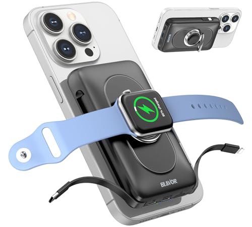 BLAVOR for Magsafe Portable Charger with Built-in Cables, USB C 20W Fast Charging, 10000mAh Magnetic Wireless Power Bank, Battery Pack with Stand for iPhone 16/15/14/13/12, Powerbank for Apple Watch