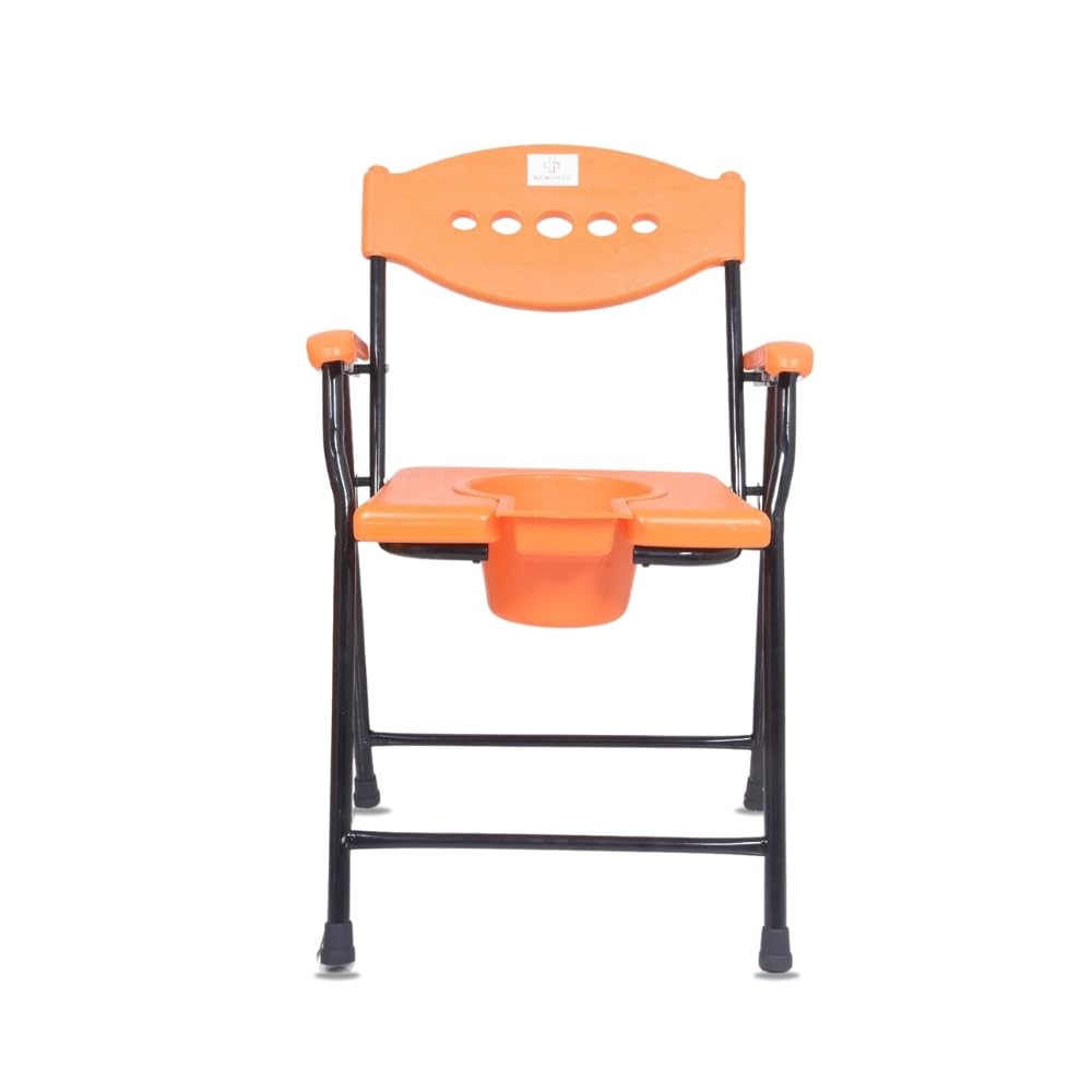 NanoMed Folding Commode Chair for Elderly, Disabled, and Pregnant Women – Shower Seat, Toilet Stool, Bedside & Over-Toilet Use, with Removable Bucket, Safe & Comfortable Design (Orange)
