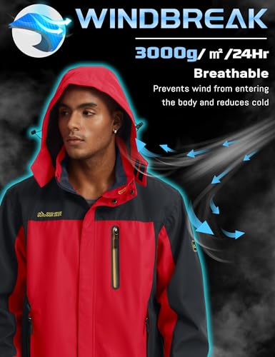 TACVASEN Regenjacke Herren Wasserdicht Atmungsaktiv Outdoorjacke Übergangsjacke Leicht Winterjacke Wasserabweisend Angeljacke Softshell Arbeitsjacke Winddicht Trekkingjacke(XXL, Rot)
